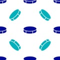 Blue Hockey puck icon isolated seamless pattern on white background. Sport equipment. Vector Illustration Royalty Free Stock Photo