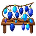 Blue holiday string lights on a wooden table on black background. Royalty Free Stock Photo