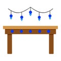 Blue holiday string lights on a wooden table on black background. Royalty Free Stock Photo