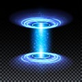 Blue hologram portal. Magic fantasy portal. Magic circle teleport podium with hologram effect. Vector blue glow rays