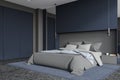 Blue home bedroom interior with bed and closed wardrobe, nightstand