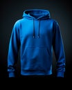 Blue hooded hoodie on black background.