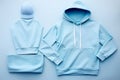 Blue hoodie, T-shirt and accessories on a blue background. Clothes for the cold season. Top view, flat lay. Athleisure
