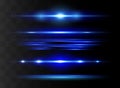 Blue horizontal lens flares pack. Laser beams, horizontal light rays.Beautiful light flares. Glowing streaks on dark Royalty Free Stock Photo