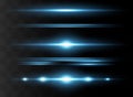 Blue horizontal lens flares pack. Laser beams, horizontal light rays.Beautiful light flares. Glowing streaks on dark Royalty Free Stock Photo