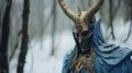 Blue Horned Costume: Dark Gold Style In Snowy Forest