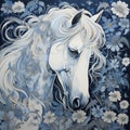 Blue Horse In Flowers: A Dreamlike Painting Of Elegance And Emotion Royalty Free Stock Photo