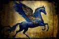 a blue horse with wings on it\'s back is shown in a gold background with a black frame and a gold background with a black