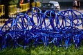 The blue hose stranded in a city Park, the city landscaping, irrigation system city Park, an unusual way of twisting the hose