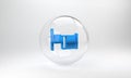 Blue Hospital bed icon isolated on grey background. Glass circle button. 3D render illustration Royalty Free Stock Photo