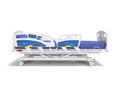 Blue hospital bed with lifting mechanism with control panel isolated 3D render on white background with shadow Royalty Free Stock Photo