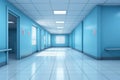 Blue hospital corridor with blue walls and tiled floor, 3d render, Empty modern hospital corridor background, Clinic hallway Royalty Free Stock Photo