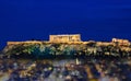 The Acropolis of Athens, Greece, with the Parthenon Temple on top of the hill in the night Royalty Free Stock Photo