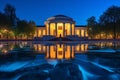 Blue Hour Beauty: Cultural City Attraction with Vibrant Fountain and Reflecting Pool