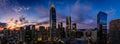 Blue hour with a deep red sunset over San Francisco skyline with Salesforce Tower in the center and the bay bridge on the Royalty Free Stock Photo