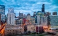 Blue Hour Evening Cityscape in Chicago West Loop, USA. Long exposure, Nightscape architecture Royalty Free Stock Photo