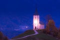 Blue hour, church on top of hill, Slovenia Royalty Free Stock Photo