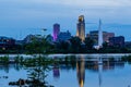 Blue hour Night scene of reflections of buildings in 2019 Missouri River flooding of Harrah`s Casino parking lot in Council Bluffs Royalty Free Stock Photo