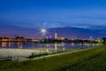 Blue hour night time photo of Omaha Nebraska Riverfront Royalty Free Stock Photo