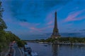 Blue Hour in Paris With Eiffel Tower Seine River and Road Traffic