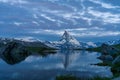 Blue hour shot of the Matterhorn Monte Cervino, Mont Cervin pyramid and Stellisee lake. Royalty Free Stock Photo