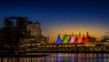 Blue Hour after the Sun has set over the Harbor and the Colorful Sails of Canada Place on the Waterfront of Vancouver, British Col Royalty Free Stock Photo