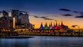 Blue Hour after the Sun has set over the Harbor and the Colorful Sails of Canada Place on the Waterfront of Vancouver, British Col Royalty Free Stock Photo