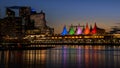 Blue Hour after the Sun has set over the Harbor and the Colorful Sails of Canada Place on the Waterfront of Vancouver, British Col Royalty Free Stock Photo