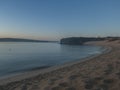 Blue hour sunrise view of Praia da Franquia sand beach at Vila Nova de Milfontes with Mira river and green vegetation. Royalty Free Stock Photo