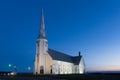 Blue hour sunset view of historic 1881 St. Pierre-de-la-Verniere Church in Cap-aux-Meules