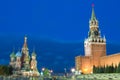 Blue hour sunset view of St. Basil Cathedral and Kremlin tower at Moscow Red Square. World famous Russian Moscow landmarks. Touris Royalty Free Stock Photo