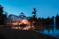Blue hour view of Crystal Palace or Palacio de cristal in Retiro Park in Madrid, Spain. Royalty Free Stock Photo