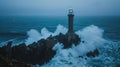 A blue hour vista captures the lighthouse enduring the ocean's wrath, with fierce swells enveloping the jagged