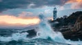 A blue hour vista captures the lighthouse enduring the ocean's wrath, with fierce swells enveloping the jagged