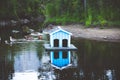 Blue house for ducks and water.