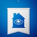 Blue House with eye scan icon isolated on blue background. Scanning eye. Security check symbol. Cyber eye sign. White Royalty Free Stock Photo