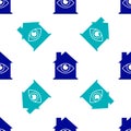 Blue House with eye scan icon isolated seamless pattern on white background. Scanning eye. Security check symbol. Cyber Royalty Free Stock Photo