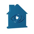 Blue House with eye scan icon isolated on transparent background. Scanning eye. Security check symbol. Cyber eye sign. Royalty Free Stock Photo