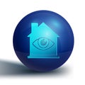 Blue House with eye scan icon isolated on white background. Scanning eye. Security check symbol. Cyber eye sign. Blue Royalty Free Stock Photo