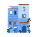 Blue house facade. Old Morocco architecture. Moroccan traditional building exterior. Cozy residential home construction Royalty Free Stock Photo