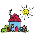 Blue house and garden, vector illustration