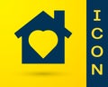 Blue House with heart inside icon isolated on yellow background. Love home symbol. Family, real estate and realty