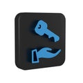 Blue House key icon isolated on transparent background. Black square button. Royalty Free Stock Photo