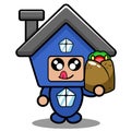 Blue house mascot costume eating kebab Royalty Free Stock Photo