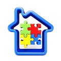 Blue house outline sign with jigsaw puzzles 3D Royalty Free Stock Photo