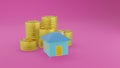 Blue house and pile of gold coins on violet background