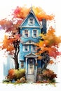 A blue house with a tree in the front and the spirit of autumn