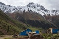 Blue Houses with snow capped mountains in Kyrgyzstan