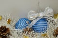 Blue ÃÂ¡hristmas balls, tinsel and pinecones