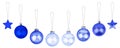 Blue ÃÂ¡hristmas tree decorations set on white background isolated close up, glass balls & metal stars hanging on thread collection